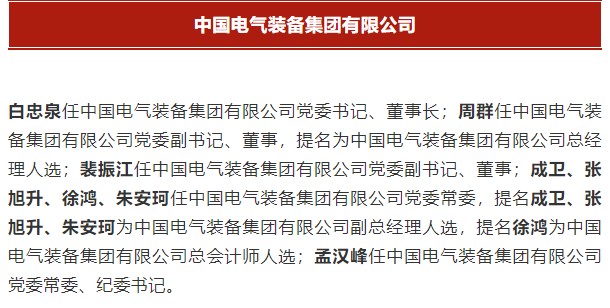 中國(guó)電氣裝備集團(tuán)有限公司高管名單出爐！國(guó)資委正式任命！