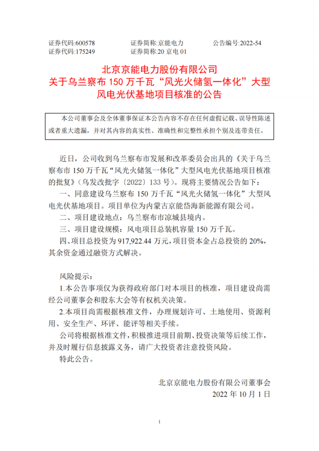 京能電力150萬千瓦“風(fēng)光火儲(chǔ)氫”基地獲批！
